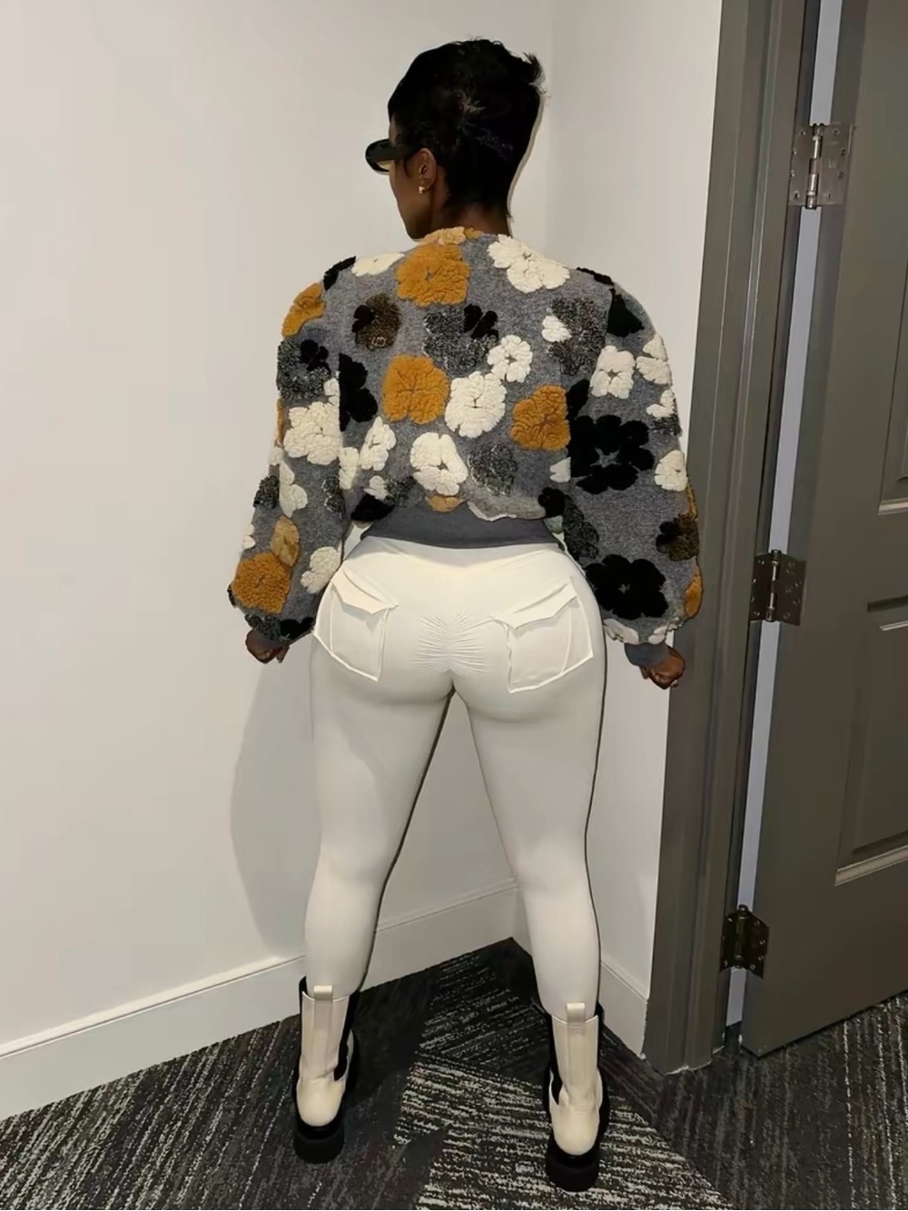 Floral Sherpa Teddy Jacket in Gray Multi